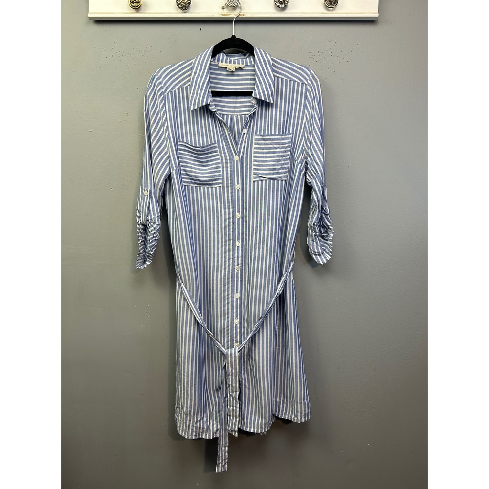 Monteau Shirt Dress Womens L Blue White Striped Roll Tab Sleeve Tie Waist Beach